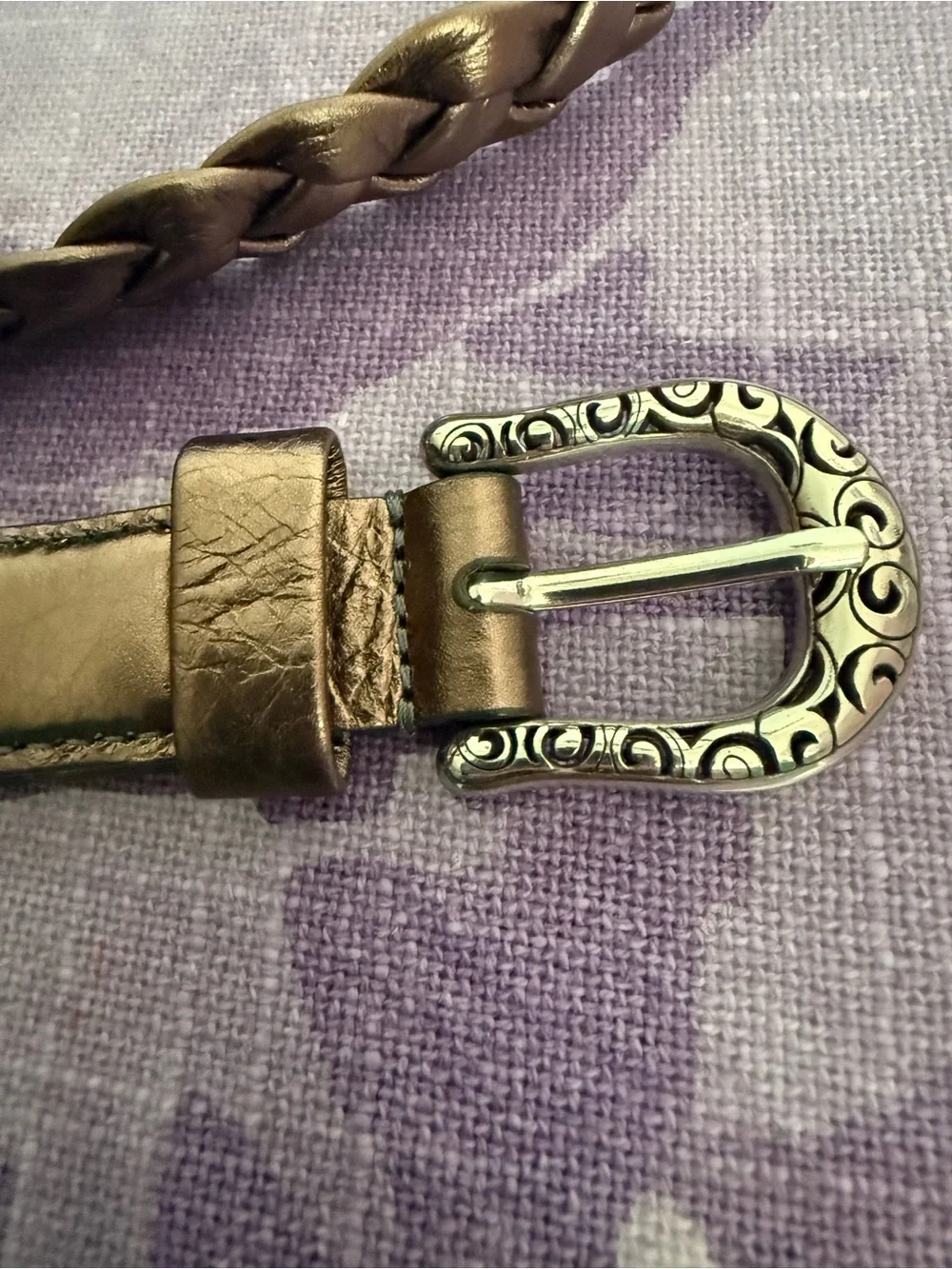 Brighton Braided Bronze Leather Belt Engraved Silver Tone Buckle Size 34